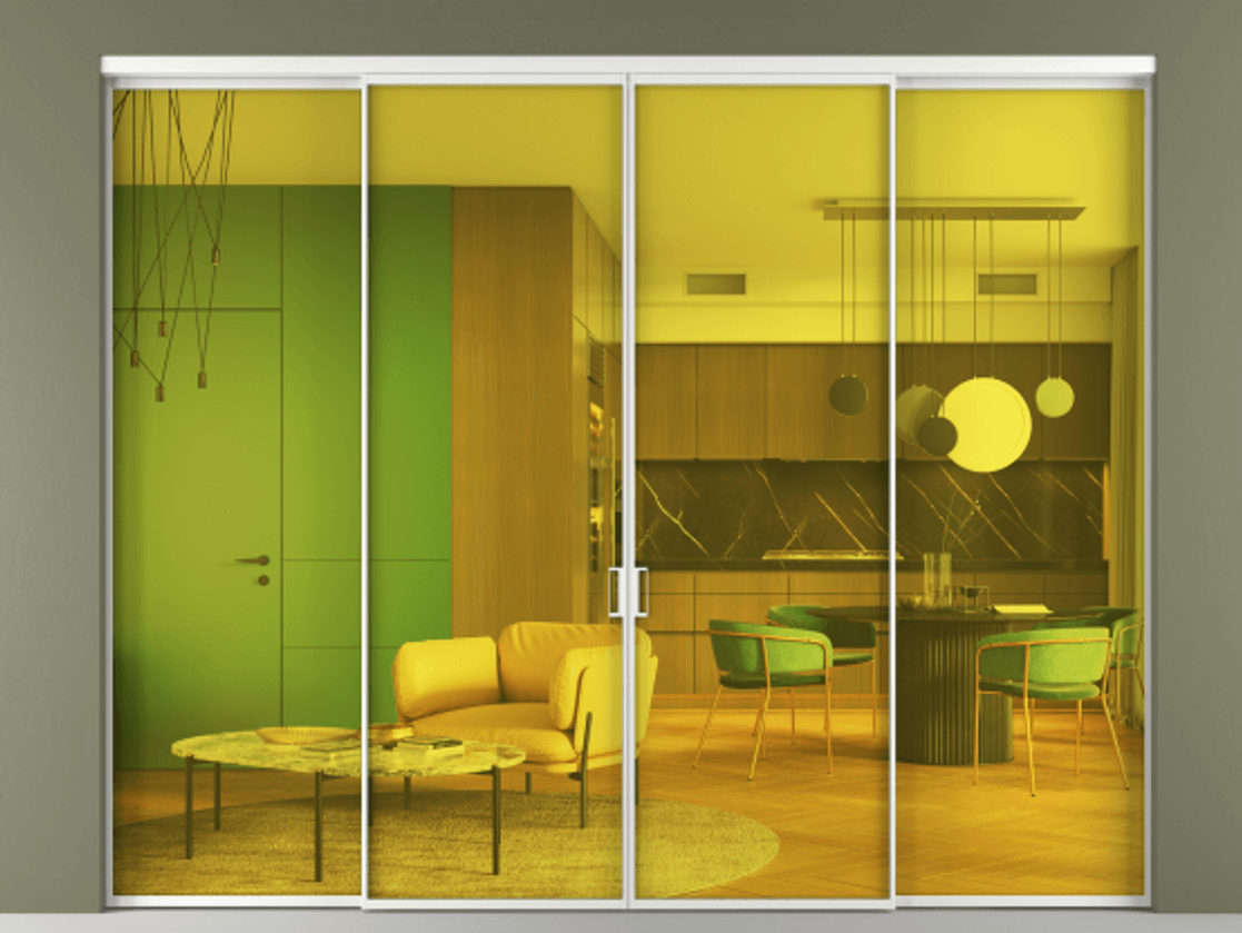 Перегородка Формато внутри проёма 4 створки АЛПР 040.01 Алюминий белоснежный Прозрачное жёлтое стекло, триплекс Цена 335830 ₽  | Volhovec