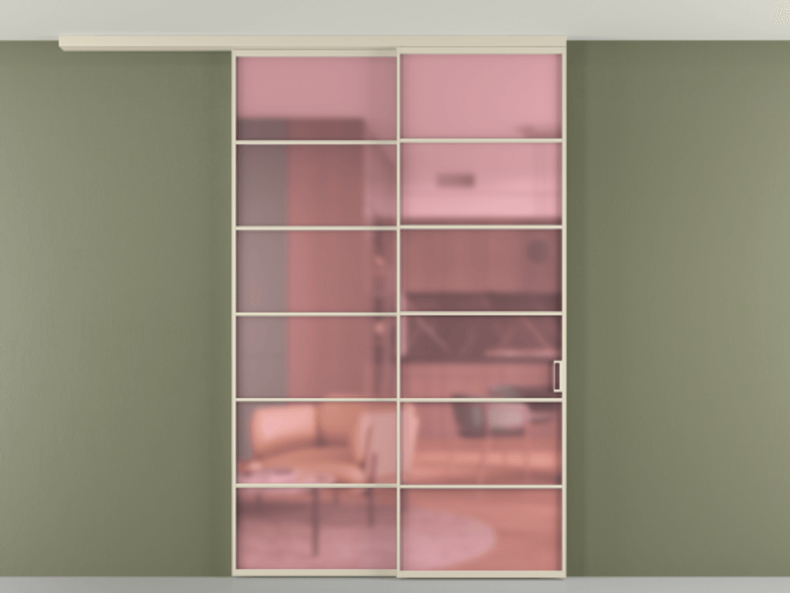 Перегородка Формато вдоль стены на потолок 2 створки с синхронным механизмом АЛПР 040.04 Алюминий бежево-серый Сатинированное розовое стекло, триплекс Цена 306290 ₽ | Volhovec