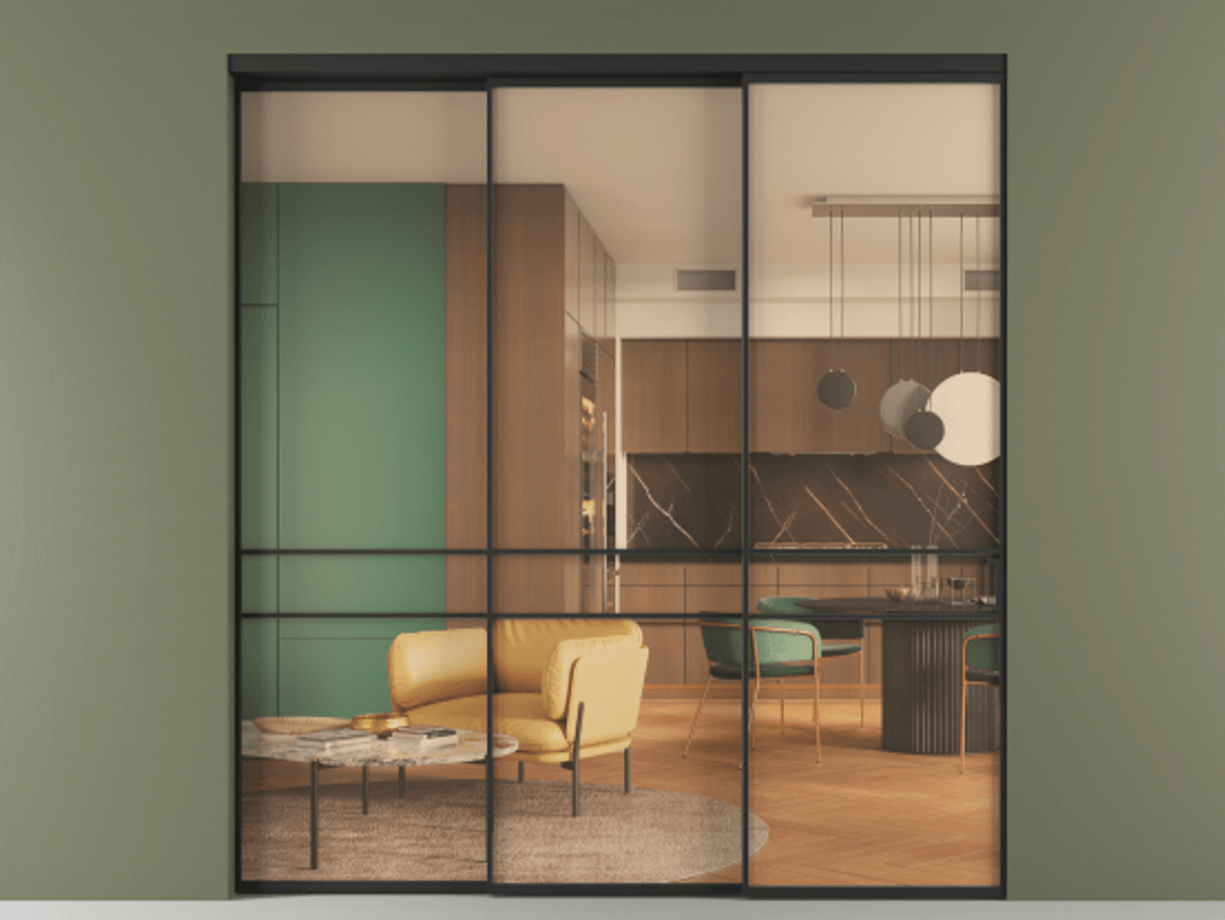 Перегородка Формато внутри проёма 3 створки с синхронным механизмом АЛПР 040.02 Алюминий Черный Прозрачное оранжевое стекло, триплекс Цена 345030 ₽  | Volhovec