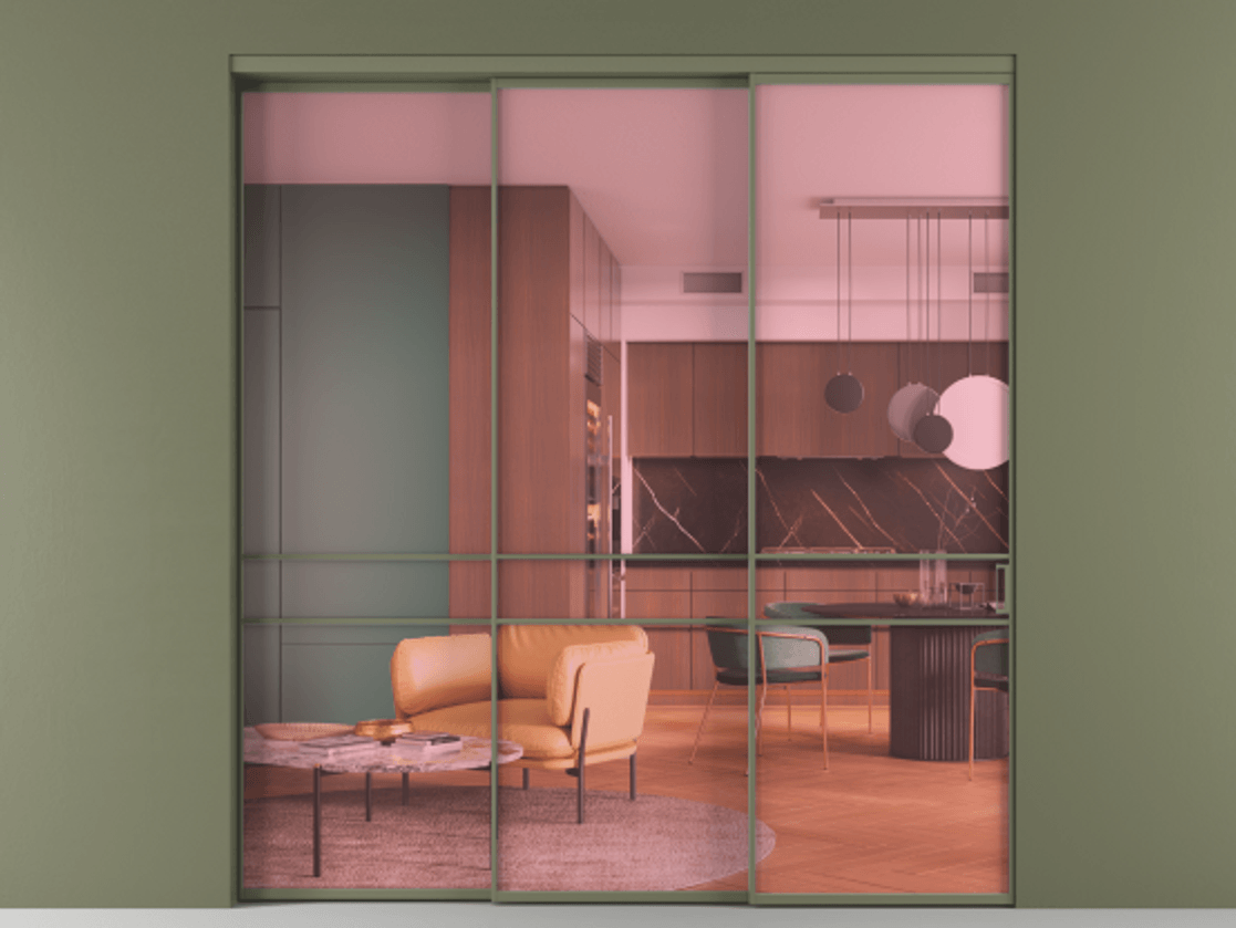 Перегородка Формато внутри проёма 3 створки с синхронным механизмом АЛПР 040.02 Алюминий оливковый тёмный Прозрачное розовое стекло, триплекс Цена 361770 ₽  | Volhovec