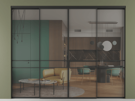 Алюминевая перегородка vn2+2_02 Серый триплекс ЧЕР. Цвет Алюминий Черный. Материал Алюминий. Коллекция Перегородка Формато внутри проёма 4 створки. Фото. Алюминевая перегородка vn2+2_02 Серый триплекс ЧЕР. Цвет Алюминий Черный. Материал Алюминий. Коллекция Перегородка Формато внутри проёма 4 створки. Картинка.